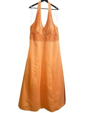 Vintage Dave & Johnny Size 19/20 Orange Satin Halter Dress Beaded Formal Prom